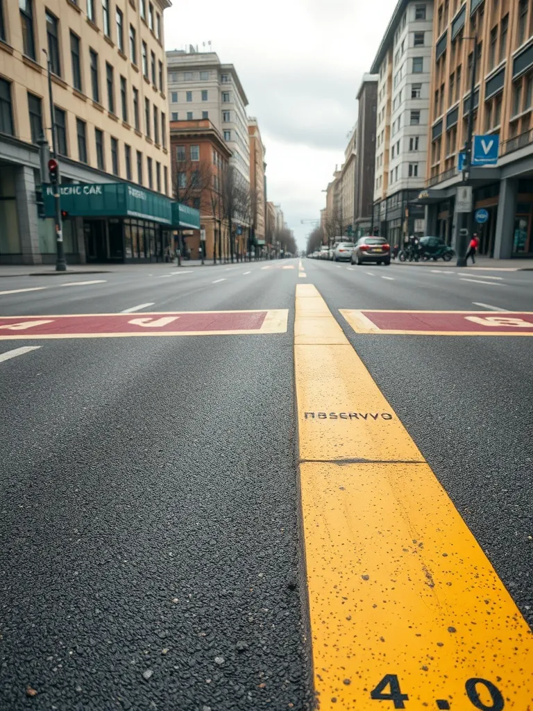 Reserved bus lane in a city center, asphalt texture, yellow