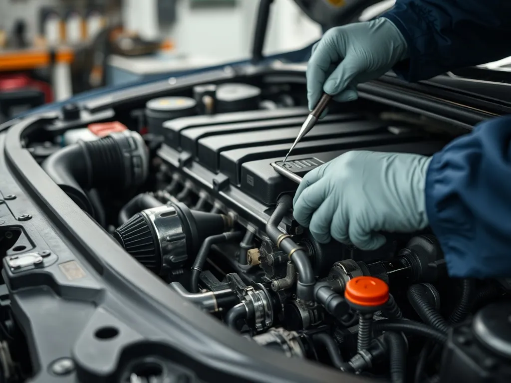 Close up of a car engine being inspected with professional t