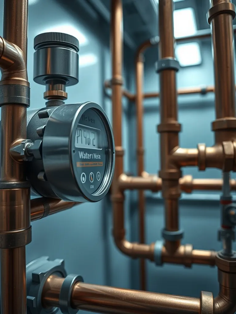 A detailed close-up of a modern water meter and copper pipes