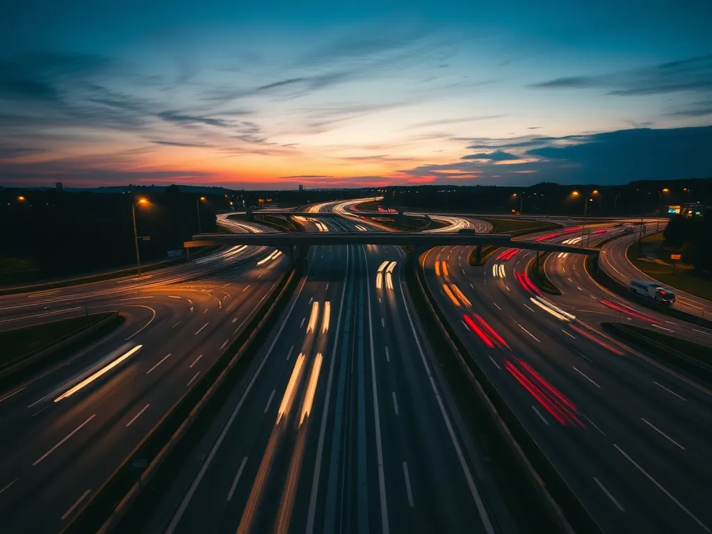 Wide shot of a modern Belgian highway interchange at dusk wi