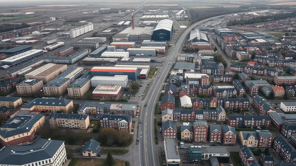 Aerial view of a Belgian city infrastructure, industrial and