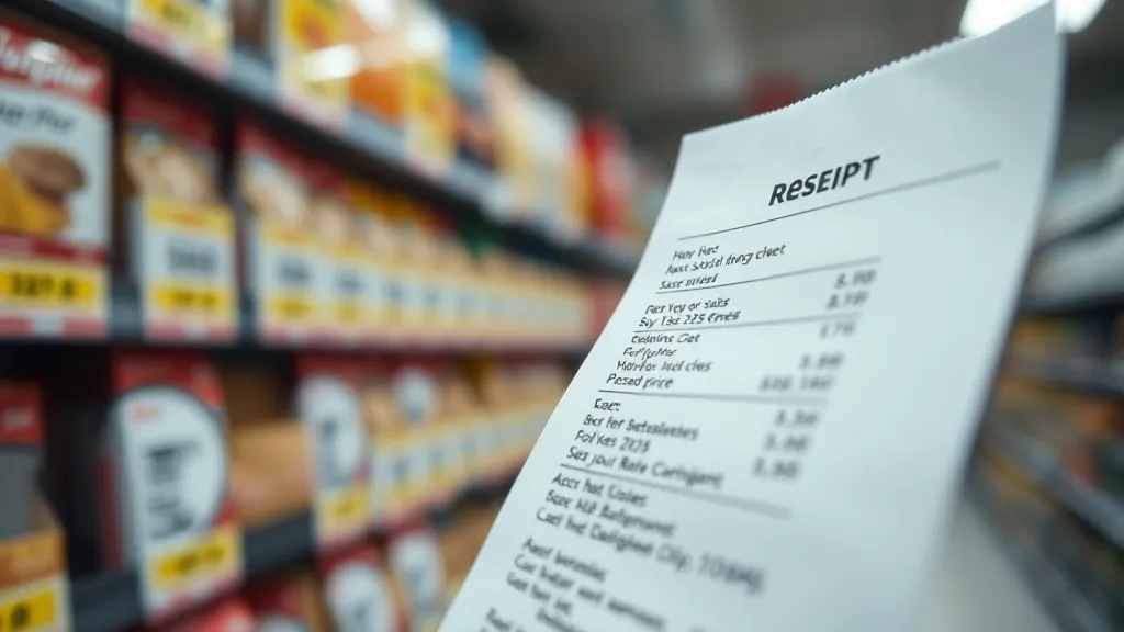 Close up of a receipt or supermarket shelf with price tags,