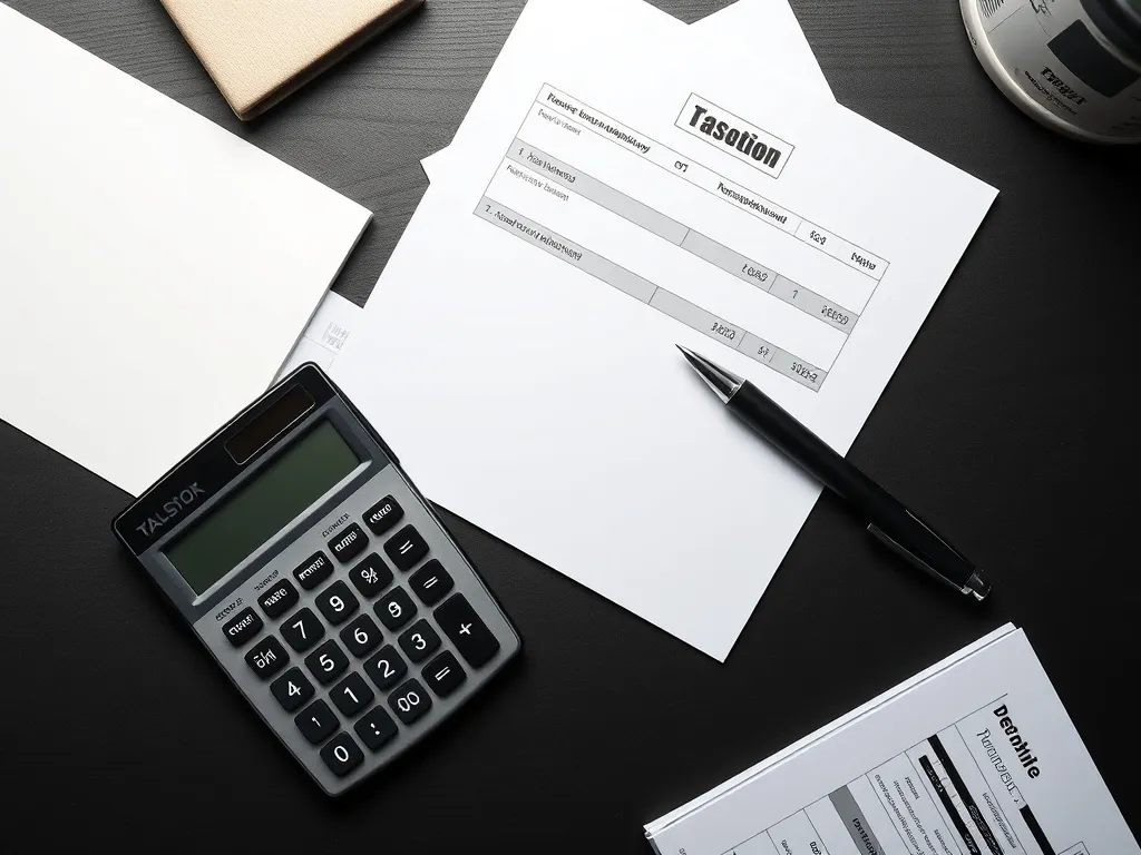 A professional office desk with a calculator, tax documents,